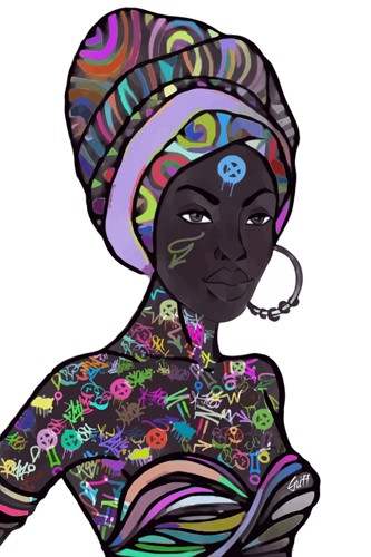GRIFF, Africa Street (Frau, Gesicht, Portrait, Afrikanerin, Turban, Grafity, Tatoos, Muster, Ornamente, Pop art, grell, leuchtend, Grafik, Wohnzimmer, Jugendzimmer, Wunschgröße, bunt)