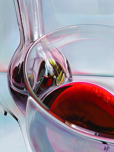 William Heneuy, Rouge d`hiver (Stillleben, Glasflasche, Decanter, Glas, Rotwein, Getränk, Photorealismus, Gastronomie, Eszimmer, Bar, Küche, Wunschgröße, Malerei, bunt)