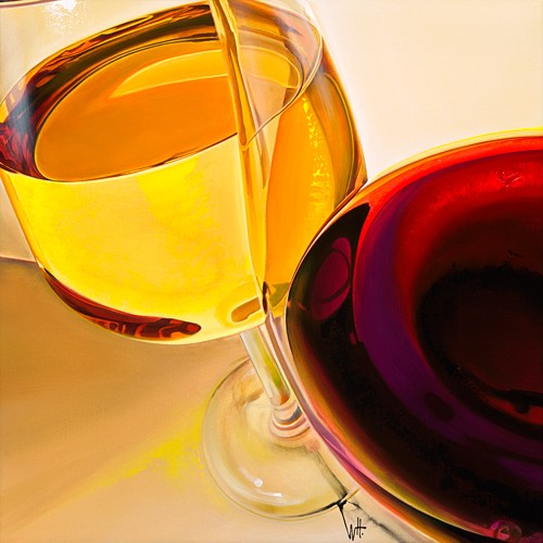 William Heneuy, Duo Jaune Rubis (Stillleben, Gläser, Weißwein, Rotwein, Getränk, Photorealismus, Gastronomie, Eszimmer, Bar, Küche, Wunschgröße, Malerei, bunt)