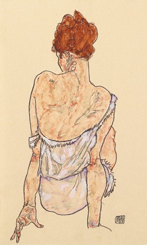 Egon Schiele, Sitzende in Unterwäsche, Rückenansicht (Malerei, Expressionismus, Frau, Erotik, Rückenakt, Klassische Moderne, Schlafzimmer, Wunschgröße, bunt)