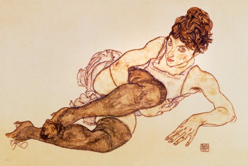 Egon Schiele, Liegende Frau ... (Malerei, Expressionismus, Frau, Erotik, Liegende, lasziv, Klassische Moderne, Schlafzimmer, Wunschgröße, bunt)