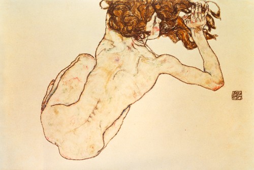Egon Schiele, Kauernder Rücken-Akt (Malerei, Expressionismus, Frau, Erotik, Rückenakt, Klassische Moderne, Schlafzimmer, Wunschgröße, bunt)