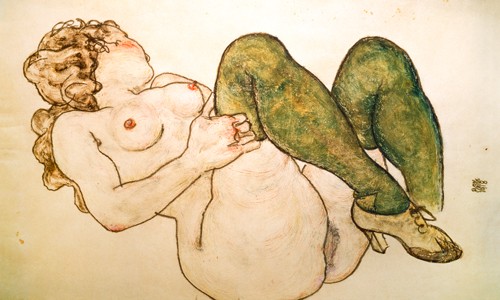 Egon Schiele, Akt mit grünen Strümpfen (Wunschgröße, Malerei, Frau, liegender Akt, lasziv,angezogene Beine, grüne Strümpfe, Scham, Klassische Moderne, People & Eros, Expressionismus, Schlafzimmer, bunt)