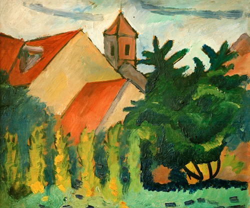 August Macke, Kirche in Kandern, 1911 (Malerei, Expressionismus, Landschaft, Dorf, Kirche, Idylle, Kandern, Blauer Reiter,  Wohnzimmer, Treppenhaus, Arztpraxis, Klassische Moderne,  Malerei, Wunschgröße, bunt)