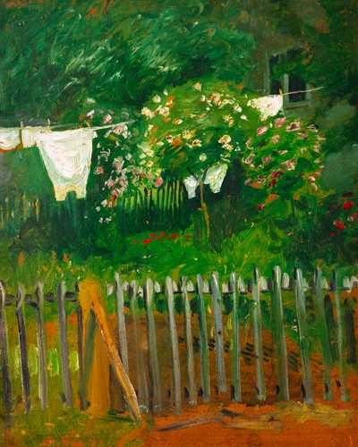 August Macke, Wäsche im Garten in Kandern (Malerei, Expressionismus, Landschaft, Garten, Wäscheleine, Wäsche, Frühling, Bäume, Idylle, Kandern, Blauer Reiter,  Wohnzimmer, Treppenhaus, Klassische Moderne,  Malerei, Wunschgröße, bunt)