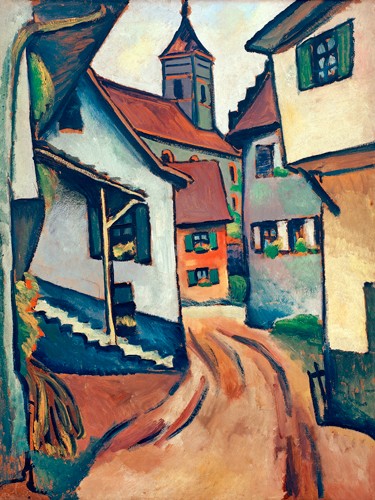 August Macke, Straße mit Kirche in Kandern (Malerei, Expressionismus, Stadt, Straße, Gebäude, Architektur, Häuser, verschachtelt, Kandern, Blauer Reiter,  Wohnzimmer, Treppenhaus, Klassische Moderne,  Malerei, Wunschgröße, bunt)