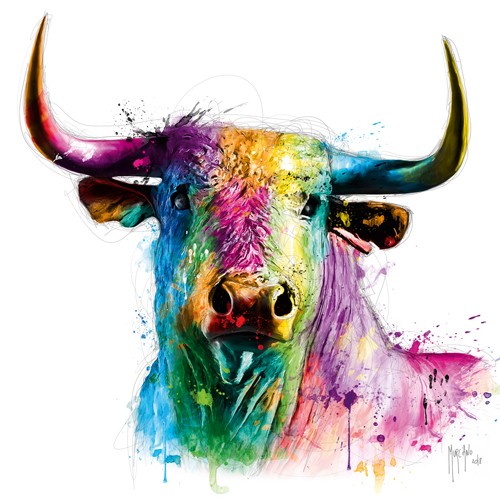 Patrice Murciano, El Toro (Pop Art, Stier, Hörner, kraftvoll, Tier, Tierportrait, Leuchtfarben, Neon, Schrill, Modern, Malerei, Jugendzimmer, Wohnzimmer, bunt)