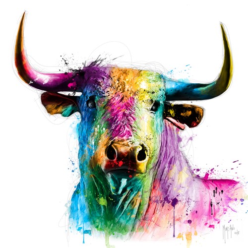 Patrice Murciano, El Toro (Pop Art, Stier, Hörner, kraftvoll, Tier, Tierportrait, Leuchtfarben, Neon, Schrill, Modern, Malerei, Jugendzimmer, Wohnzimmer, bunt)