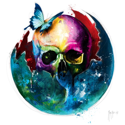 Patrice Murciano, Redemption (Pop Art, Skull, Totenkopf, Schädel, Erde, Erdball, Globus, Schmetterling, Punk,  Leuchtfarben, Neon, Schrill, Modern, Malerei, Jugendzimmer, Wohnzimmer, bunt)