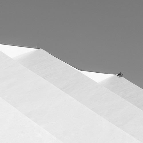 Oliver Stein, Three Doves (Dach, Tauben, geometrisch, Abstufungen, Wunschgröße, Fotografie, schwarz/weiß)