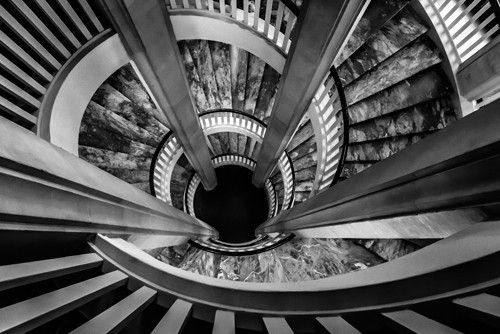 Ronin, Royal staircase (Architektur, Treppenhaus, Spirale, Schnecke, Design, Treppenhaus, Wohnzimmer, Büro, Wunschgröße, Fotokunst, schwarz/weiß)
