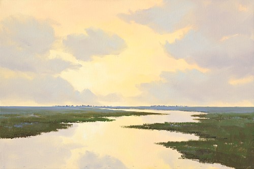 Jan Groenhart, Stare at the Light (Fluss, Ebene, Sonnenuntergang,   Horizont, Einsamkeit, Leere,  Wohnzimmer, Treppenhaus, zeitgenössisch, Malerei, Wunschgröße, bunt)