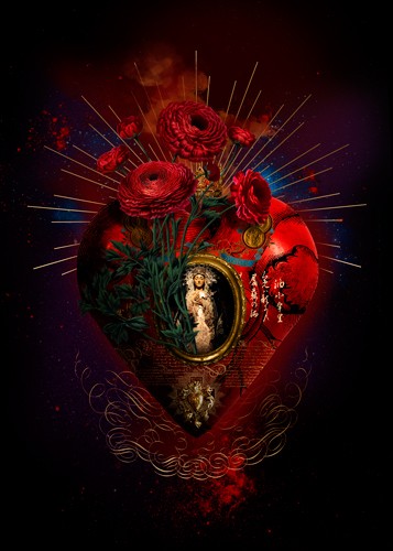 André Sanchez, Sacred Heart I (Herz, Ranunkeln, Blumen, Strahlen, Erleuchtung, Erscheinung, Heilig, religiös, Marienfigur, Wohnzimmer, Schlafzimmer, Grafik, Wunschgröße, rot/bunt)
