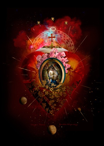 André Sanchez, Sacred Heart II (Herz, Planeten, Weltall, Blumen, Strahlen, Erleuchtung, Erscheinung, Heilig, religiös,  Wohnzimmer, Schlafzimmer, Grafik, Wunschgröße, rot/bunt)