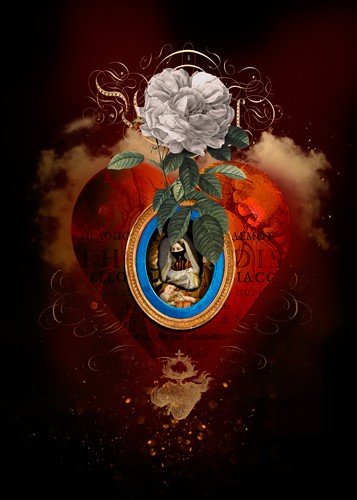 André Sanchez, Sacred Heart III (Herz, weiße Rose, Blumen,  Erleuchtung, Erscheinung, Heilig, religiös, Marienfigur, Wohnzimmer, Schlafzimmer, Grafik, Wunschgröße, rot/bunt)