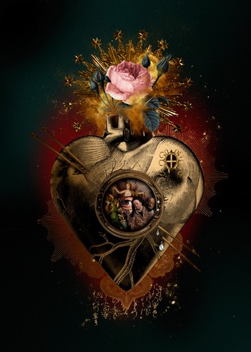 André Sanchez, Sacred Heart V (Herz, Blumen,  Erleuchtung, Erscheinung, Heilig, religiös, surreal, Wohnzimmer, Schlafzimmer, Grafik, Wunschgröße, gold/bunt)