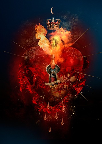 André Sanchez, Sacred Heart VII (Herz, Krone, Strahlen, Erleuchtung, Erscheinung, Heilig, religiös, Hand, surreal, Wohnzimmer, Schlafzimmer, Grafik, Wunschgröße, rot/bunt)