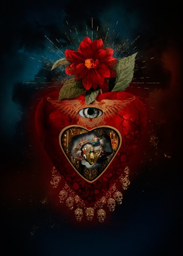 André Sanchez, Sacred Heart IX (Herz, rote Blumen, Strahlen, Erleuchtung, Erscheinung, Heilig, religiös, Auge, Skulls, Totenköpfe, surreal, Wohnzimmer, Schlafzimmer, Grafik, Wunschgröße, rot/bunt)