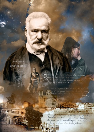 André Sanchez, Victor Hugo (Schriftsteller, Victor Hugo, Frankreich, Persönlichkeiten, Notre Dame,  Kalligrafie, Portrait, Collage, Fotokunst, Wohnzimmer, Bibliothek, Wunschgröße, bunt)