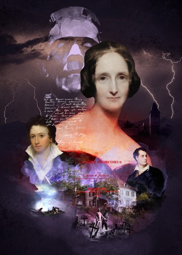 André Sanchez, Mary Shelley (Schriftstellerin, Mary Shelley, Britin, Persönlichkeiten, Frankenstein,  Kalligrafie, Portrait, Collage, Fotokunst, Wohnzimmer, Bibliothek, Wunschgröße, bunt)
