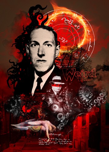 André Sanchez, H. P. Lovecraft (Schriftsteller, H.P. Lovecraft, Amerikaner, Persönlichkeiten, Horror, supernatural, Portrait, Kalligrafie, Collage, Fotokunst, Wohnzimmer, Bibliothek, Wunschgröße, bunt)
