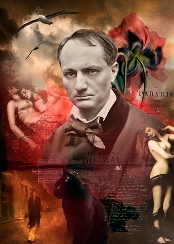 André Sanchez, Charles Baudelaire (Schriftsteller,Baudelaire, Frankreich, Persönlichkeiten, Blumen des Bösen, Lyriker, Kalligrafie, Portrait, Collage, Fotokunst, Wohnzimmer, Bibliothek, Wunschgröße, bunt)