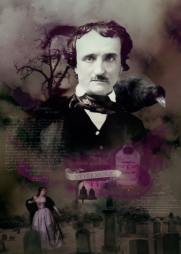 André Sanchez, Edgar Allan Poe (Schriftsteller, Edgar Allen Poe, Amerikaner, Persönlichkeiten, Der Rabe, Haus Usher, Kriminalliteratur, Grusel/Horroliteratur,  Kalligrafie, Portrait, Collage, Fotokunst, Wohnzimmer, Bibliothek, Wunschgröße, bunt)