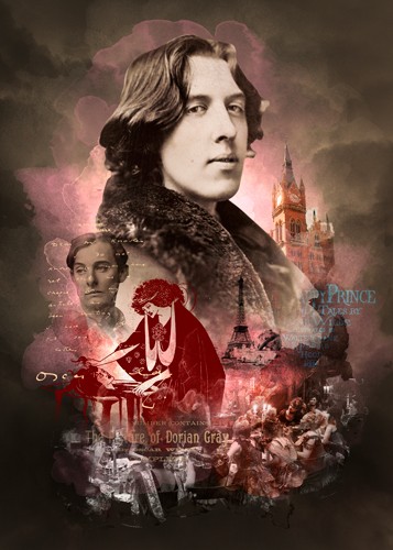 André Sanchez, Oscar Wilde (Schriftsteller, Oscar Wilde, Irland, Persönlichkeiten, Schloss, Canterville, Bildnis, Kalligrafie, Portrait, Collage, Fotokunst, Wohnzimmer, Bibliothek, Wunschgröße, bunt)