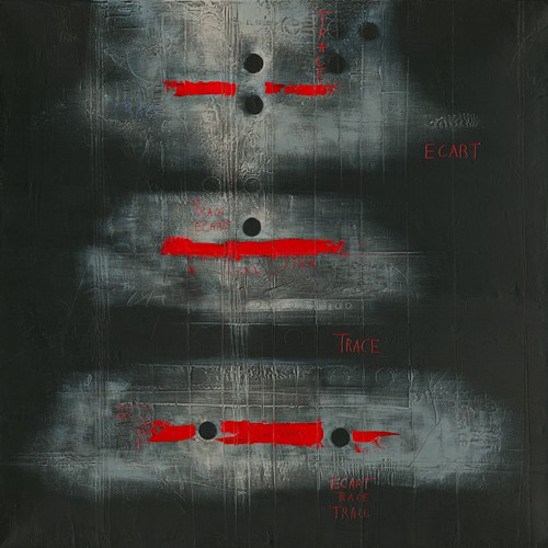 Carole Bécam, Trace - Diptyque I (Abstrakte Malerei, Linien, Punkte, rote Horizontale, filigran,  Business, Büro, Wohnzimmer, zeitgenössisch, rot/grau, schwarz, Wunschgröße)