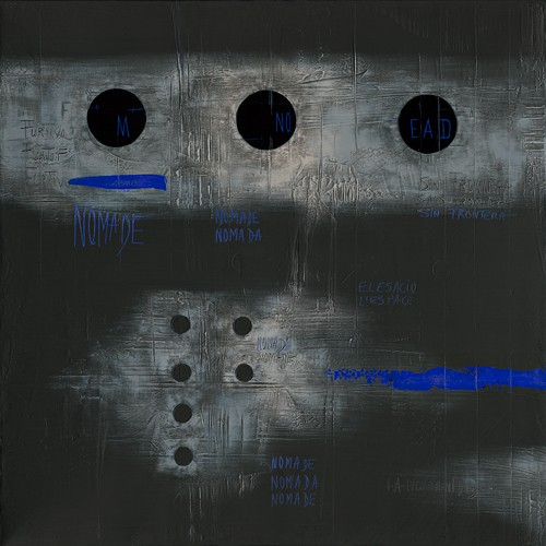 Carole Bécam, Nomada - Diptyque I (Abstrakte Malerei, Linien, Punkte,blaue Horizontale, filigran,  Business, Büro, Wohnzimmer, zeitgenössisch, blau/grau, schwarz, Wunschgröße)