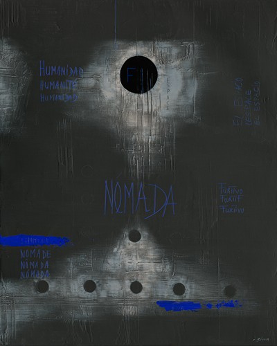 Carole Bécam, Nomada - Diptyque II (Abstrakte Malerei, Linien, Punkte,blaue Horizontale, filigran,  Business, Büro, Wohnzimmer, zeitgenössisch, blau/grau, schwarz, Wunschgröße)