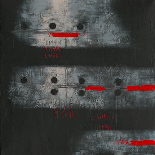Carole Bécam, Humano - Diptyque I (Abstrakte Malerei, Linien, Punkte, rote Horizontale, filigran,  Business, Büro, Wohnzimmer, zeitgenössisch, rot/grau, schwarz, Wunschgröße)