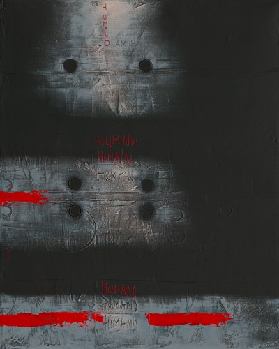 Carole Bécam, Humano - Diptyque II (Abstrakte Malerei, Linien, Punkte, rote Horizontale, filigran,  Business, Büro, Wohnzimmer, zeitgenössisch, rot/grau, schwarz, Wunschgröße)