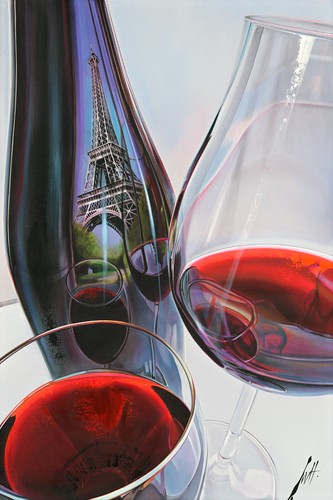 William Heneuy, Reflets de France 2019 (Stillleben, Glasflasche, Glas, Rotwein, Eiffelturm, Wahrzeichen, Paris, Spiegelung, Reflexion,  Getränk, Photorealismus, Gastronomie, Eszimmer, Bar, Küche, Wunschgröße, Malerei, bunt)