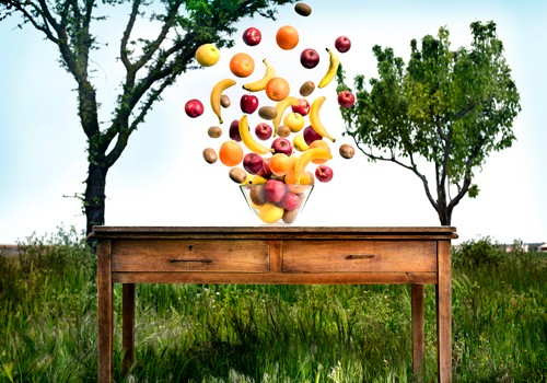 Miguel Vallinas Prieto, Pause Número X (Garten, Gartentisch, Baum, Obst, Früchte, schweben, Fantasy, surreal, Wunschgröße, Fotokunst, Wohnzimmer, Treppenhaus, bunt)