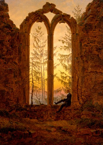 Caspar David Friedrich, Klosterruine Oybin (Kirchenfenster, Träumer, Ruine, Kirchenruine, Mann, träumen, nachdenklich, Vergänglichkeit, Sonnenuntergang, Abendrot, Einsamkeit, Durchblick, Romantik, Malerei, Klassiker, Wohnzimmer, Wunschgröße, bunt)