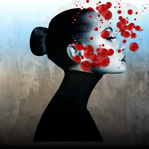 Richard Desmarais, Face red Balls (Frau, Eleganz, Portrait, Profil, Strenge, Haarknoten, Hals, rote Kugeln, Blasen, Punkte, modern, Surreal, Fotokunst, Wunschgröße, Wohnzimmer, bunt)