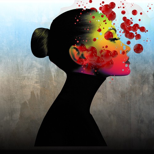 Richard Desmarais, Rainbow Bubbles (Frau, Eleganz, Portrait, Profil, Strenge, Haarknoten, Hals, regenbogenfarbene Kugeln, Blasen, Punkte, modern, Surreal, Fotokunst, Wunschgröße, Wohnzimmer, bunt)