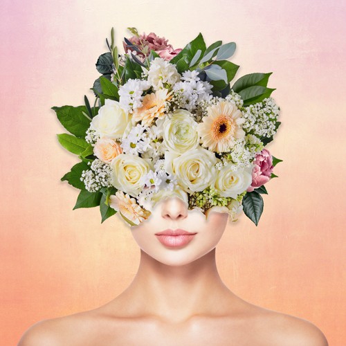 Richard Desmarais, Bouquet I (Frau, Blumen, Blumenstrauß, Bouquet, Kopfschmuck, Portrait, Hals, modern, Surreal, Fotokunst, Wunschgröße, Wohnzimmer, bunt)