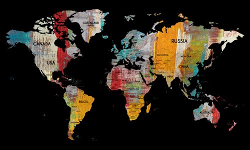Irena Orlov, Worldmap in colors II (Weltkarte, Kontinente, Kartografie, Grafik, Wunschgröße, Büro, Wohnzimmer, schwarz/bunt)