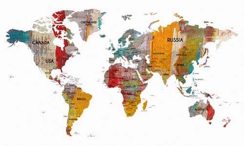 Irena Orlov, Worldmap in colors III (Weltkarte, Kontinente, Kartografie, Grafik, Wunschgröße, Büro, Wohnzimmer, weiß/bunt)