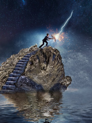 Peter Hillert, The Gemstonewalker (Meer, Felsen, Treppe,  Marmor, Blitz, Mann, Regenschirm, Schutz, Fantasie, mystisch, surreal, Fotokunst, Wohnzimmer, Büro, Treppenhaus, bunt)