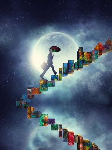 Peter Hillert, The Moonwalker (Mond, Vollmond, Nachthimmel, Stufen, Kisten, aufwärts, Mann, Aktentasche, Regenschirm,  Fantasie, mystisch, surreal, Fotokunst,  Wohnzimmer, Büro, Treppenhaus, bunt)