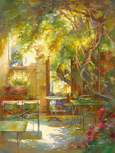 Johan Messely, Jeu de lumière (Garten, Lokal, Bistro, französisch, Mediterran, Terrasse, Haus, Pflanzen,  Sommer, Idylle, Sonnenlicht, Nostalgie, Wohnzimmer, Esszimmer, Wunschgröße, Malerei, bunt)