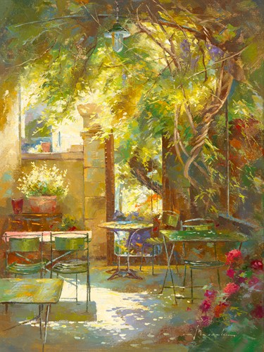 Johan Messely, Jeu de lumière (Garten, Lokal, Bistro, französisch, Mediterran, Terrasse, Haus, Pflanzen,  Sommer, Idylle, Sonnenlicht, Nostalgie, Wohnzimmer, Esszimmer, Malerei, bunt)