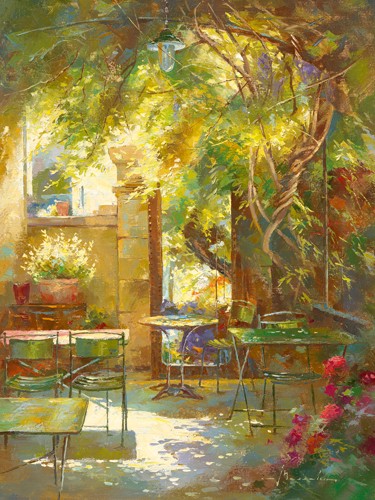 Johan Messely, Jeu de lumière (Garten, Lokal, Bistro, französisch, Mediterran, Terrasse, Haus, Pflanzen,  Sommer, Idylle, Sonnenlicht, Nostalgie, Wohnzimmer, Esszimmer, Malerei, bunt)