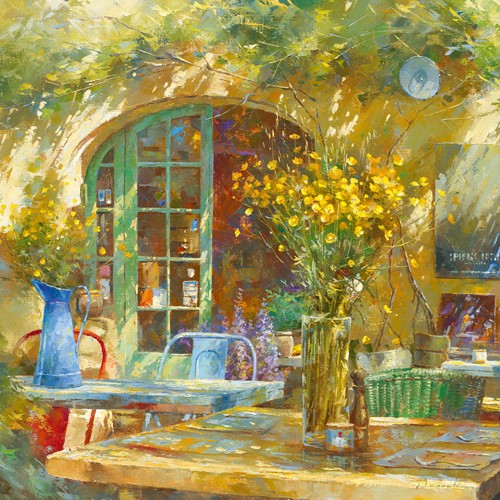 Johan Messely, Terrasse - Le petit café (Garten, Lokal, Bistro, französisch, Mediterran, Terrasse, Haus, Pflanzen,  Sommer, Idylle, Sonnenlicht, Nostalgie, Wohnzimmer, Esszimmer, Malerei, bunt)