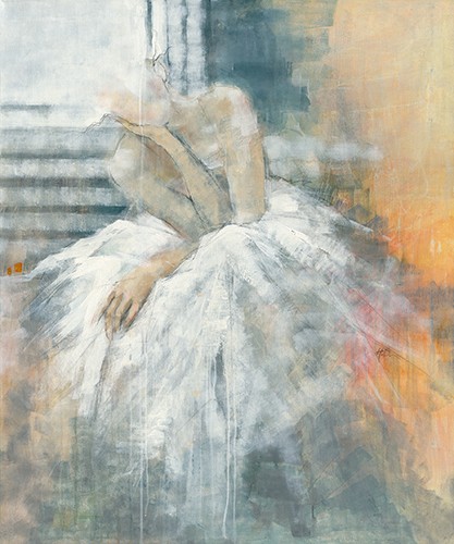 Huguette Declercq, Light (junge Frau, Ballkleid, Hochzeitskleid, weißes Kleid, moderne Malerei, Zeitgenössisch, Wunschgröße, Wohnzimmer, grau/weiß)
