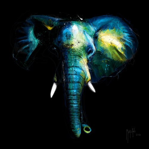 Patrice Murciano, Wild Light (Pop Art, Elefant, Großwild, Tier, Tierportrait, nachdenklich, Modern, Malerei, Jugendzimmer, Wohnzimmer, Jugendzentrum, Wunschgröße, blau/schwarz)