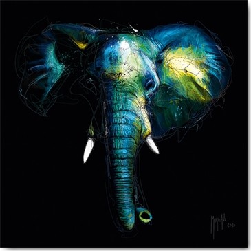 Patrice Murciano, Wild Light (Pop Art, Elefant, Großwild, Tier, Tierportrait, nachdenklich, Modern, Malerei, Jugendzimmer, Wohnzimmer, Jugendzentrum, blau/schwarz)